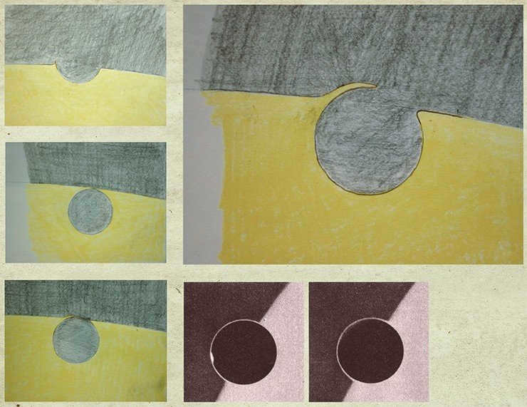 Different moments of the transit of Venus in 2012, sketched by V. Shiltsev during observations. At the top - a half-arc of light ("whisker") around Venus. Bottom right: one of the modern images of the "Lomonosov phenomenon" - the formation of a light rim around Venus as it passes through the Sun's disk in 2004.