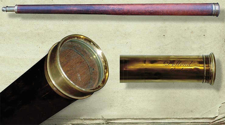 Top: a 4.5-foot refractor telescope, a two-lens achromat made by Dollond in the last third of the 18th century, close (if not completely identical) to the one used by M. V. Lomonosov in 1761. Alexander Kukarin used it to observe the transit of Venus in California on June 5, 2012. On the left is the ocular and on the right is the objective end of another, smaller 70 cm, two-lens achromat made by Dollond at the very end of the 18th century. This refractor was used by V. Shiltsev to observe the transit of Venus on June 5, 2012 in Batavia (Illinois, USA)