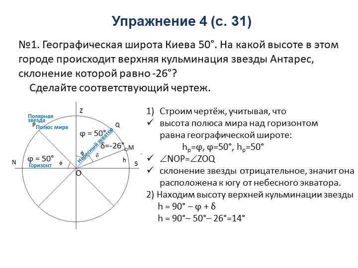 Exercise 4 (p. 31)No. 1. Geographical latitude of Kiev 50 °. At what altitude in the eth. 