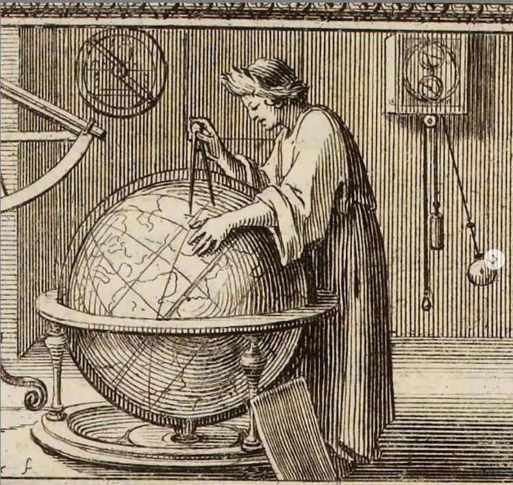 Illustration from the book by J. Richet, where he describes his pendulum experiments. Astronomer's interior: pendulum clock, astrolabe, sextant (I think), globe.