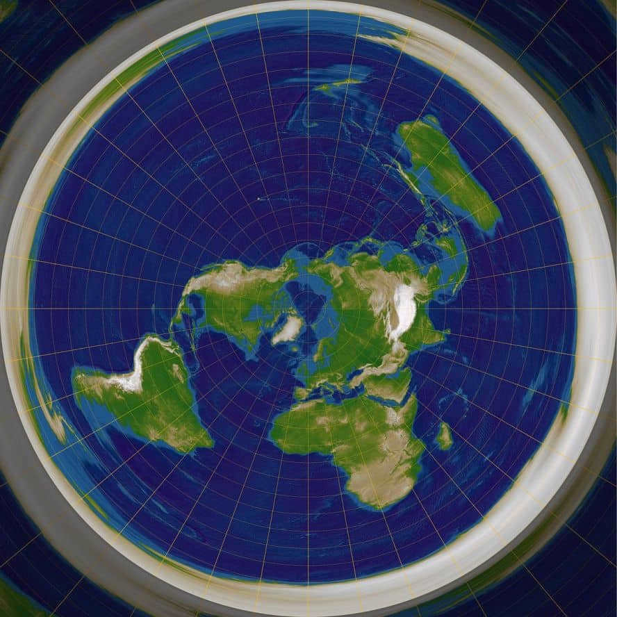 A model of a flat Earth with continents arranged in the shape of a disk and Antarctica as a wall of ice