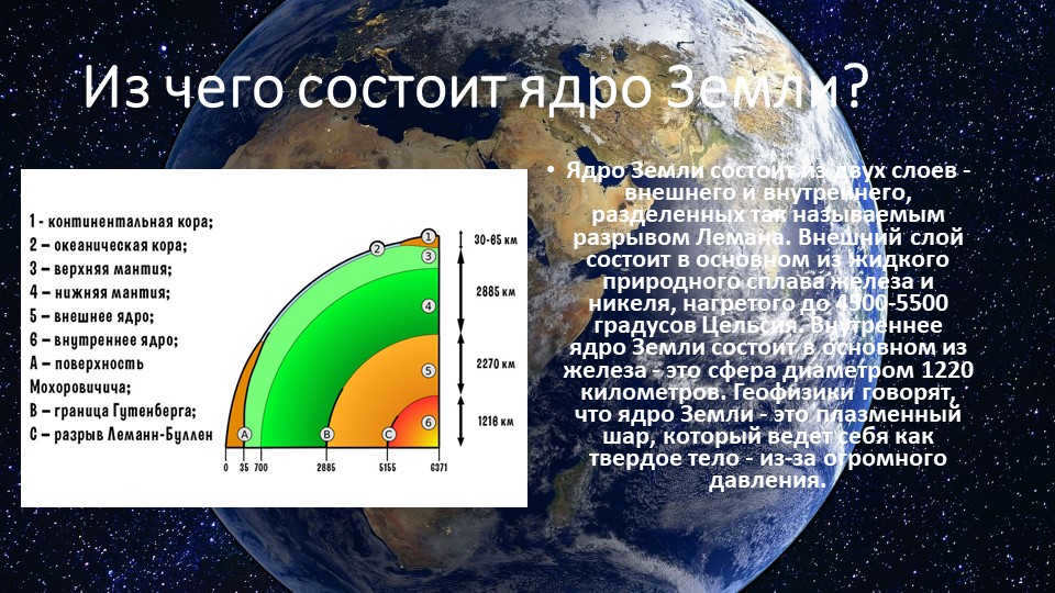 What is the Earth's core made of?The Earth's core consists of two layers, the outer and inner. 