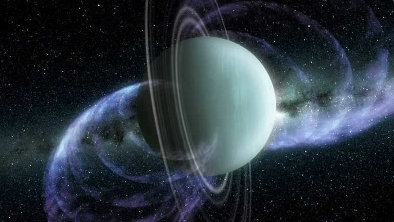The planet has a ring system and a magnetosphere.