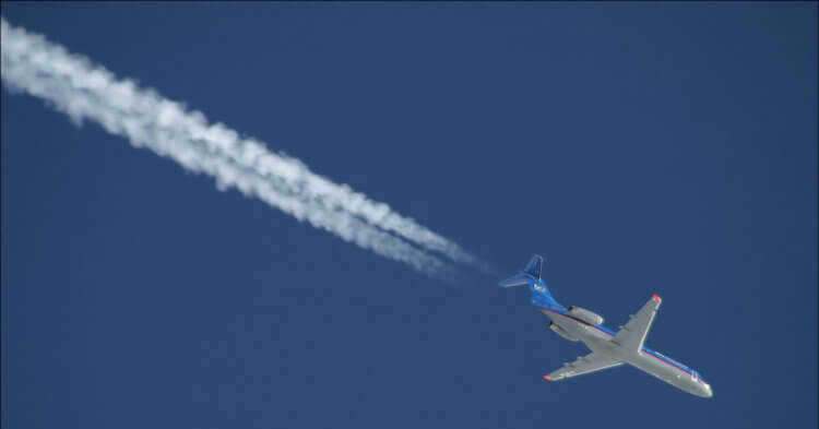 Greenhouse gases in the atmosphere are essential. An airplane trail in the sky is essentially ice. Photo.