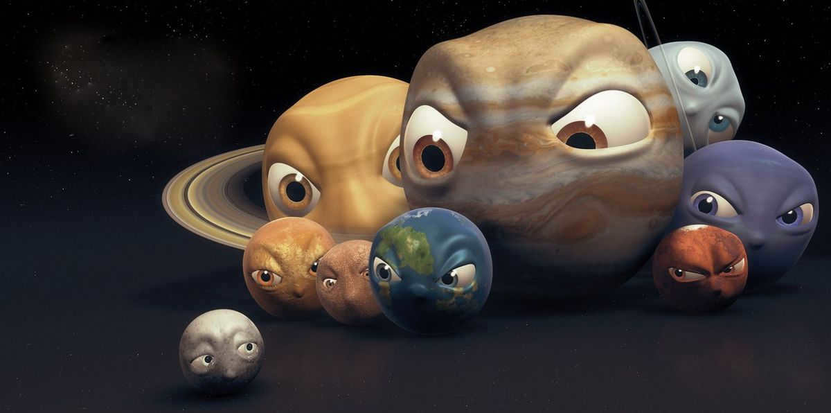 Planet Pluto is a demoted dwarf on the outskirts of the system.