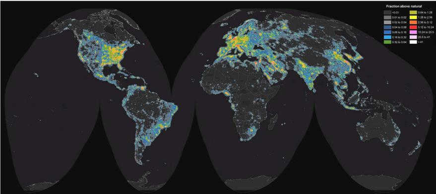 Map of artificial light pollution as a percentage of natural illumination