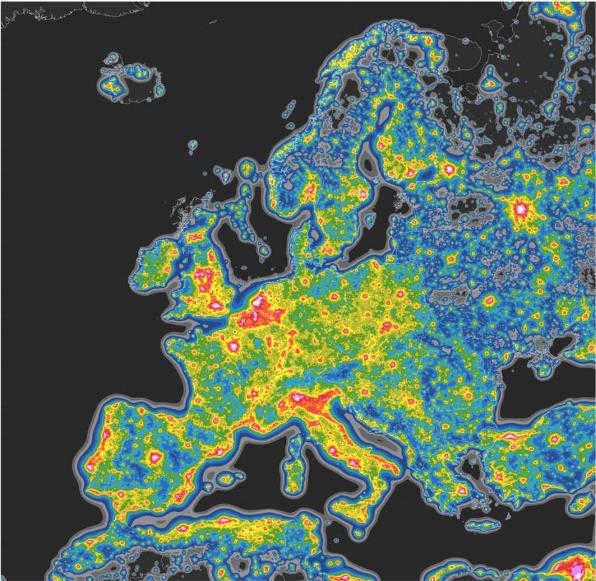 Map of light pollution on the European continent