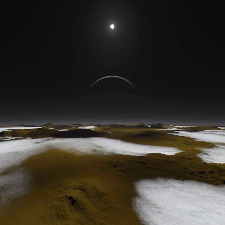Charon and the Sun above the surface of Pluto.