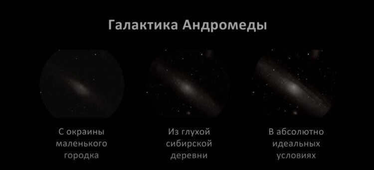 What the visibility of objects depends on. Visibility of the Andromeda Galaxy in different conditions. Photo.