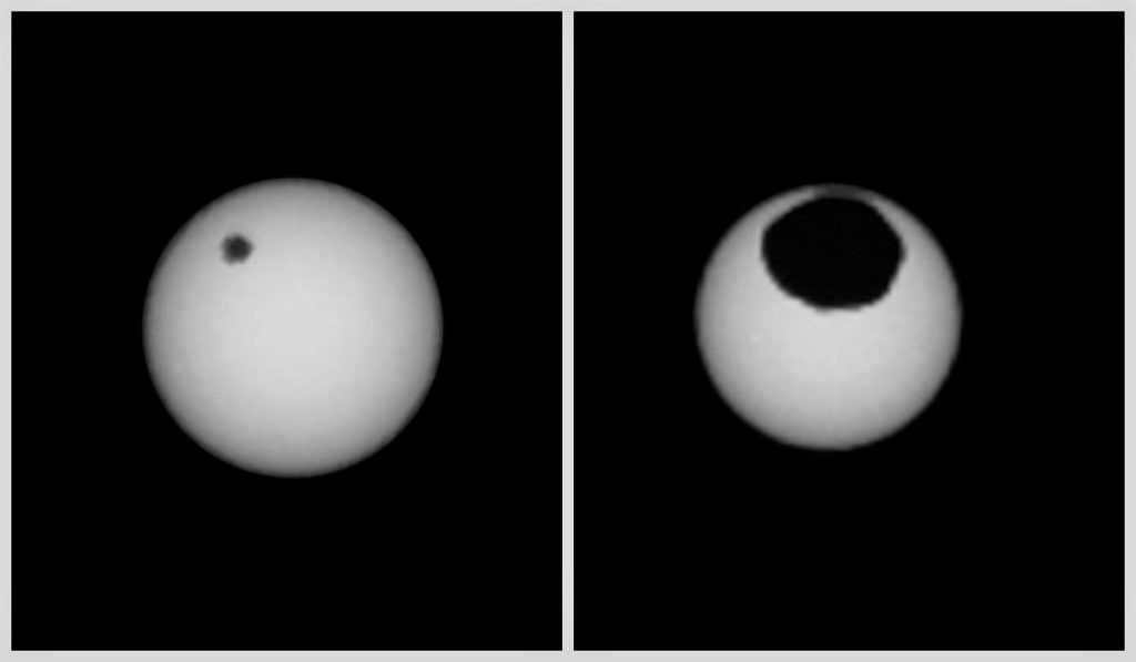 An image of a solar eclipse on Mars involving both satellites, Deimos and Phobos
