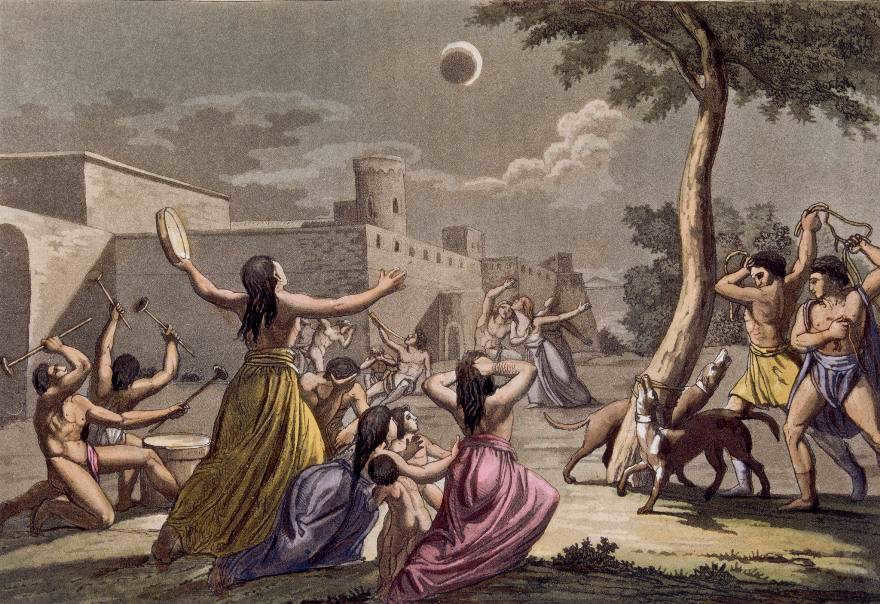 The Incas feared that the lunar eclipse was caused by a jaguar attack on the moon. They tried to chase it away by making noise, beating their dogs to make them howl and bark.