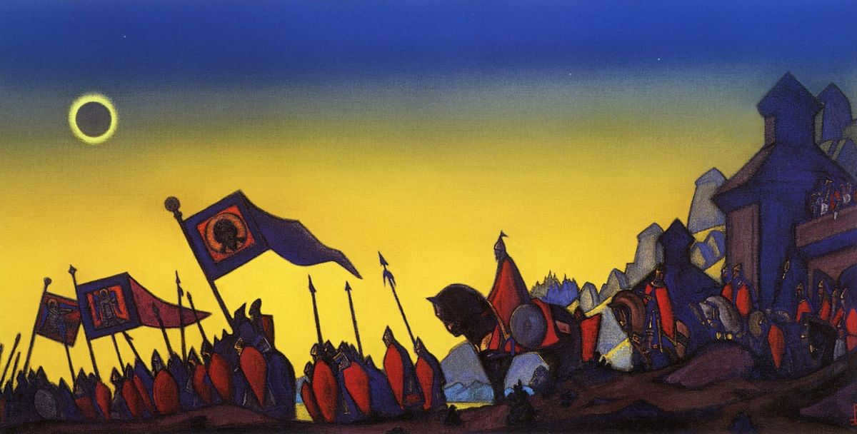 The solar eclipse of May 1, 1185 is mentioned in "The Tale of Igor's Campaign". It was regarded by Prince Igor as a harbinger of trouble. The prince himself and his retinue were at that moment advancing to the Cumans' lands and could observe only a partial eclipse. Nikolai Roerich's painting "Igor's Campaign", 1942.