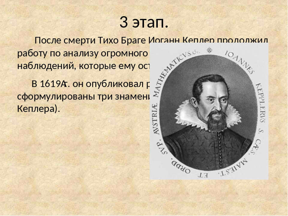 Stage 3. After Tycho Brahe's death, Johannes Kepler continued the work of analyzing o. 