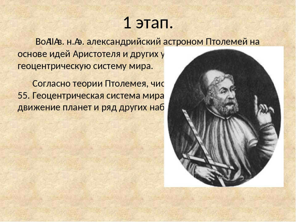 Stage 1. In the 2nd century AD, Alexandrian astronomer Ptolemy based on the ideas of Ari. 