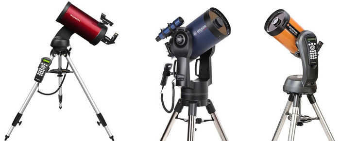 The Maxtov-Kassegren telescope (Orion), Meade's patent modification of the Richie-Cretien, Celestron's Schmidt-Kassegren (from left to right)