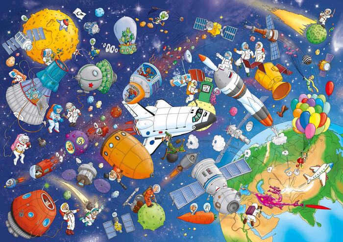Space Adventure Drawing, Wimmelbook, Puzzle, Space, Astronauts, April 12 - Astronauts Day, Satellites, Space debris, Spaceship