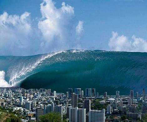 Tsunami, from an asteroid covers a city
