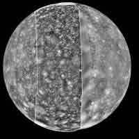 An image of Callisto compiled from three photos obtained by Voyager 1, Galileo and Voyager 2