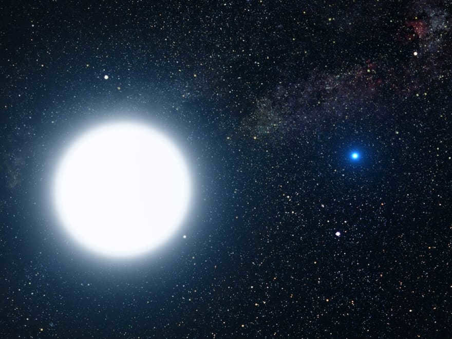 An artistic interpretation of the Sirius binary system. The large bluish-white star (Sirius A) dominates the image, while the tiny but fiery blue dwarf star (Sirius B) sits modestly to the right. It takes half a century for one full revolution around each other. White dwarfs are the remnants of Sun-like stars. The system resides at a distance of 8.6 light years and is considered the 5th closest system. Sirius B has lost its apparent brightness due to its tiny parameters. It covers 12000 kilometers in diameter, which is smaller than Earth's. The system is so close to us that most of the constellations for it will look almost the same. In the background is the Summer Triangle: Altair (white dot above Sirius A), Deneb (upper right), and Vega (below Sirius B). Below and to the right of Sirius A is a small dot, the Sun