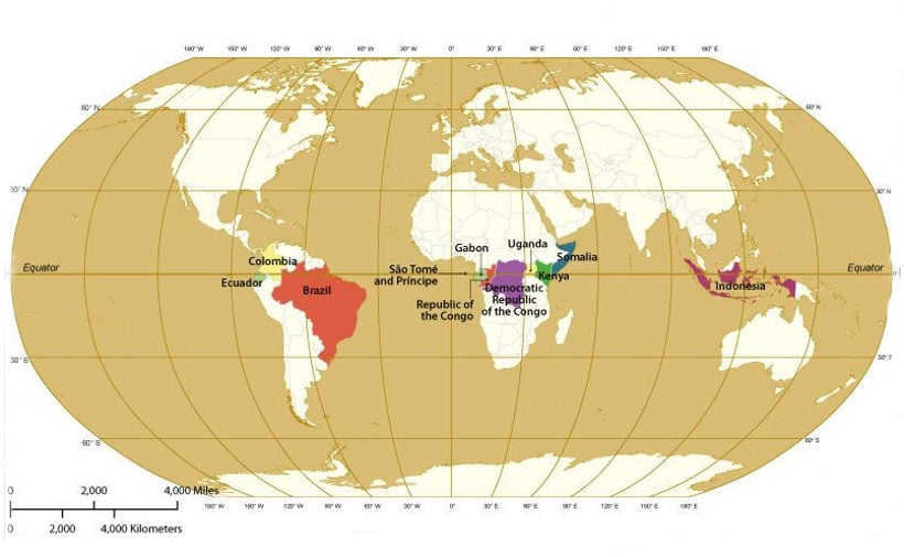 Countries located on the equator line