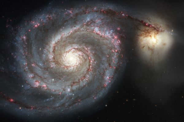 M 51 (Whirlpool Galaxy) - a galaxy in the constellation Hound Dogs, which is located at a distance of 23 million light years from Earth. Its diameter is about 100,000 light years. The galaxy consists of a large spiral galaxy NGC 5194, with a companion galaxy NGC 5195 at the end of one of its arms. M 51 was discovered by Charles Messier on October 13, 1773.Three supernovae starbursts have been recorded in M 51: SN 1994I, SN 2005cs and SN 2011dh.