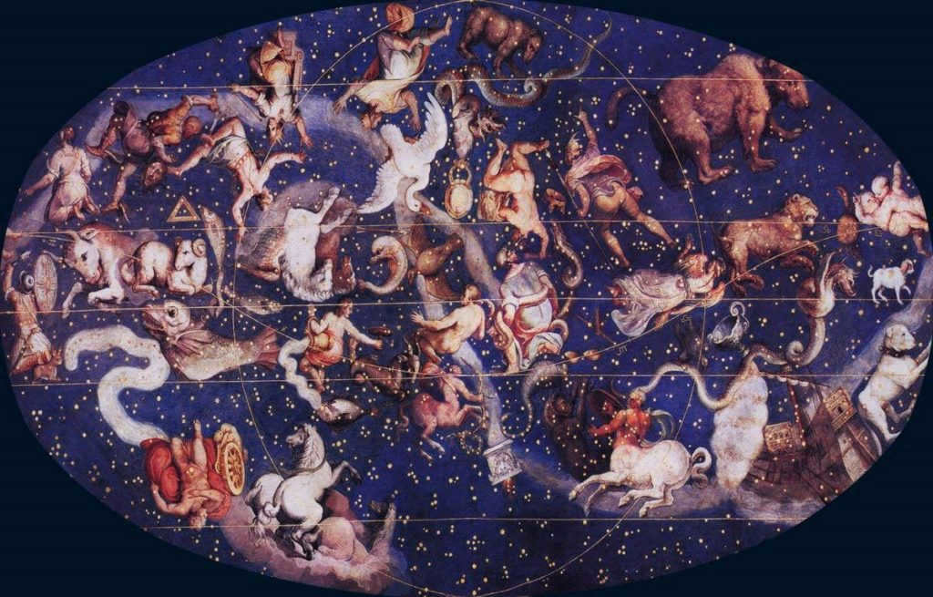 Ancient Greek heroes of myths in the starry sky