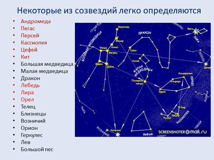 Some of the constellations are easy to identifyAndromeda Pegasus Perseus Cassiopeia Ceph. 