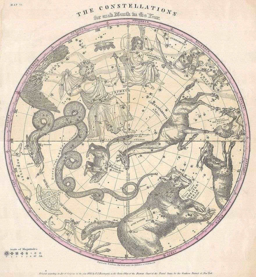 Constellations for each month of 1856. This is a rare color map of the northern hemisphere made by W. J. Evans. The constellations are drawn in great detail and show zodiacal figures. You see the Big Dipper, Little Dipper, Dragon, Perseus, Cassiopeia, Giraffe, and Cepheus.