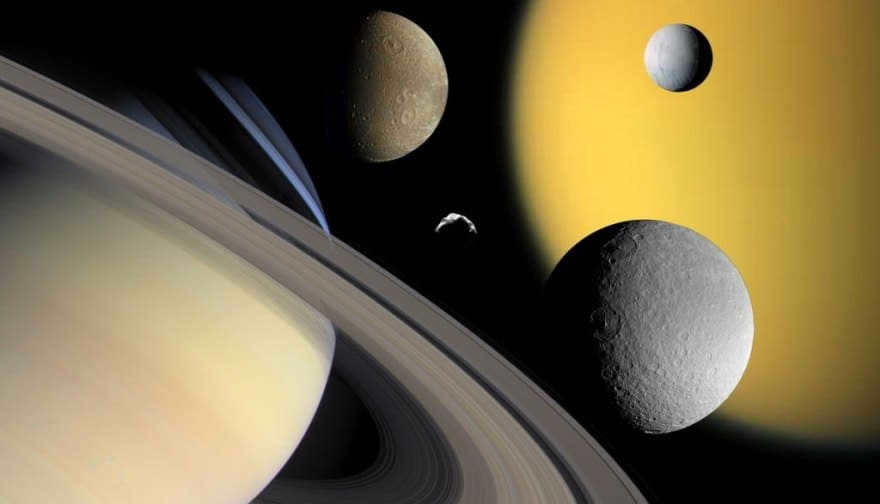 Saturn (bottom left) and its moons (Titan, Enceladus, Giona, Rhea, and Helen)