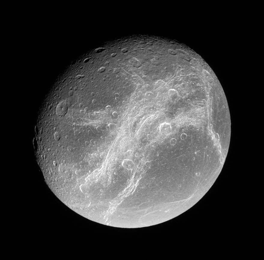  Dione's hemisphere showing the "whisper" spots