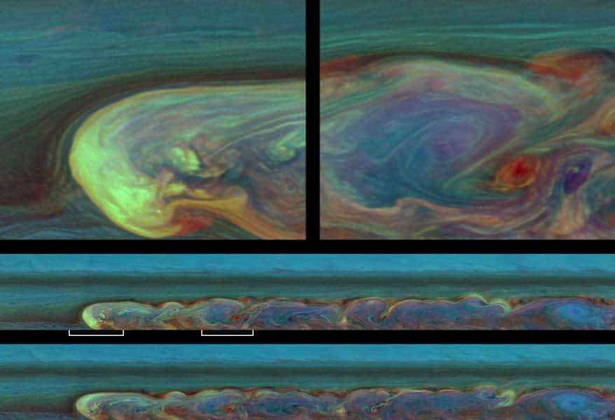 Due to a huge storm in the atmosphere of the northern hemisphere, the Cassini spacecraft was able to capture Saturn's composition close to true color