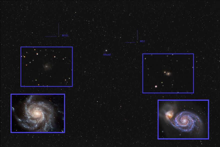 The Big Bucket asterism and the galaxies M51 and M101.
