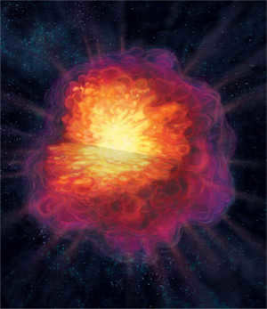 Ten seconds after the flare, thermonuclear flames almost completely incinerate the white dwarf in this computer model. Rapidly spreading from the depths outward, a nuclear chain reaction turns carbon and oxygen (lilac and red) into silicon (orange) and iron (yellow). Earlier models, unable to trace turbulent motions, could not explain why stars explode rather than die quietly (photo: www.sciam.ru)