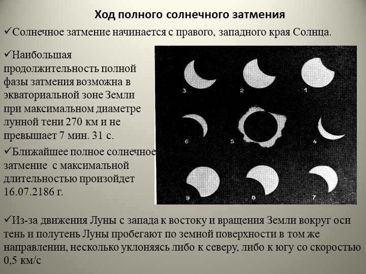 The course of a total solar eclipse The solar eclipse begins on the right, west. 