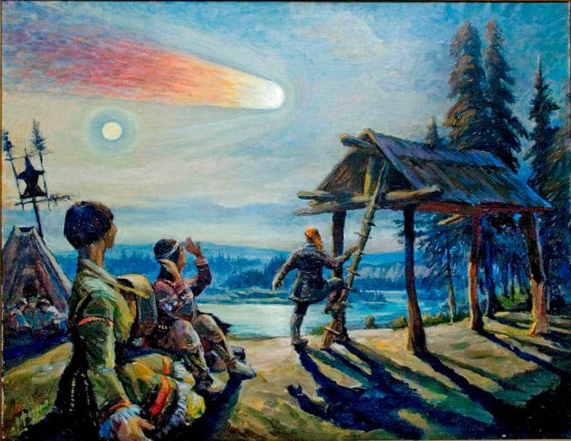 Painting by N.I. Fedorov "Flight over Evenki camp of the N. Tunguska River", from the series "Tunguska Meteorite", 1988.