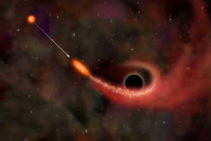 If a star gets too close to a black hole, it will be "stretched" by tidal gravitational forces and then literally torn apart. Most of the star's matter will be able to escape, but some will be trapped, forming a spinning disk around the hole. X-rays are emitted by the disk's matter due to the gas heating up as it falls into the black hole (image from antwrp.gsfc.nasa.gov)