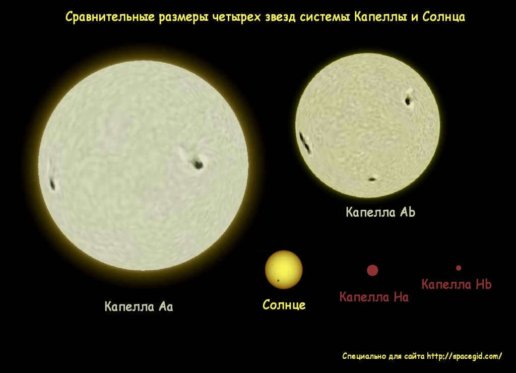 Comparative sizes of the four stars of the Capella system