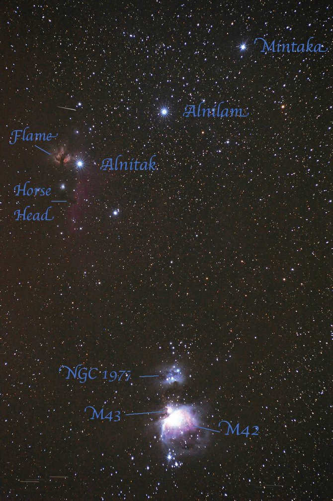 The stars Alnitak, Alnilam and Mintaka, the Horsehead Nebula and M42.