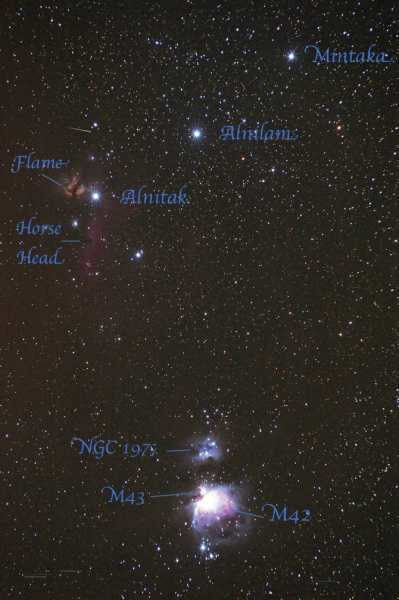 The stars Alnitak, Alnilam and Mintaka, the Horsehead Nebula and M42.